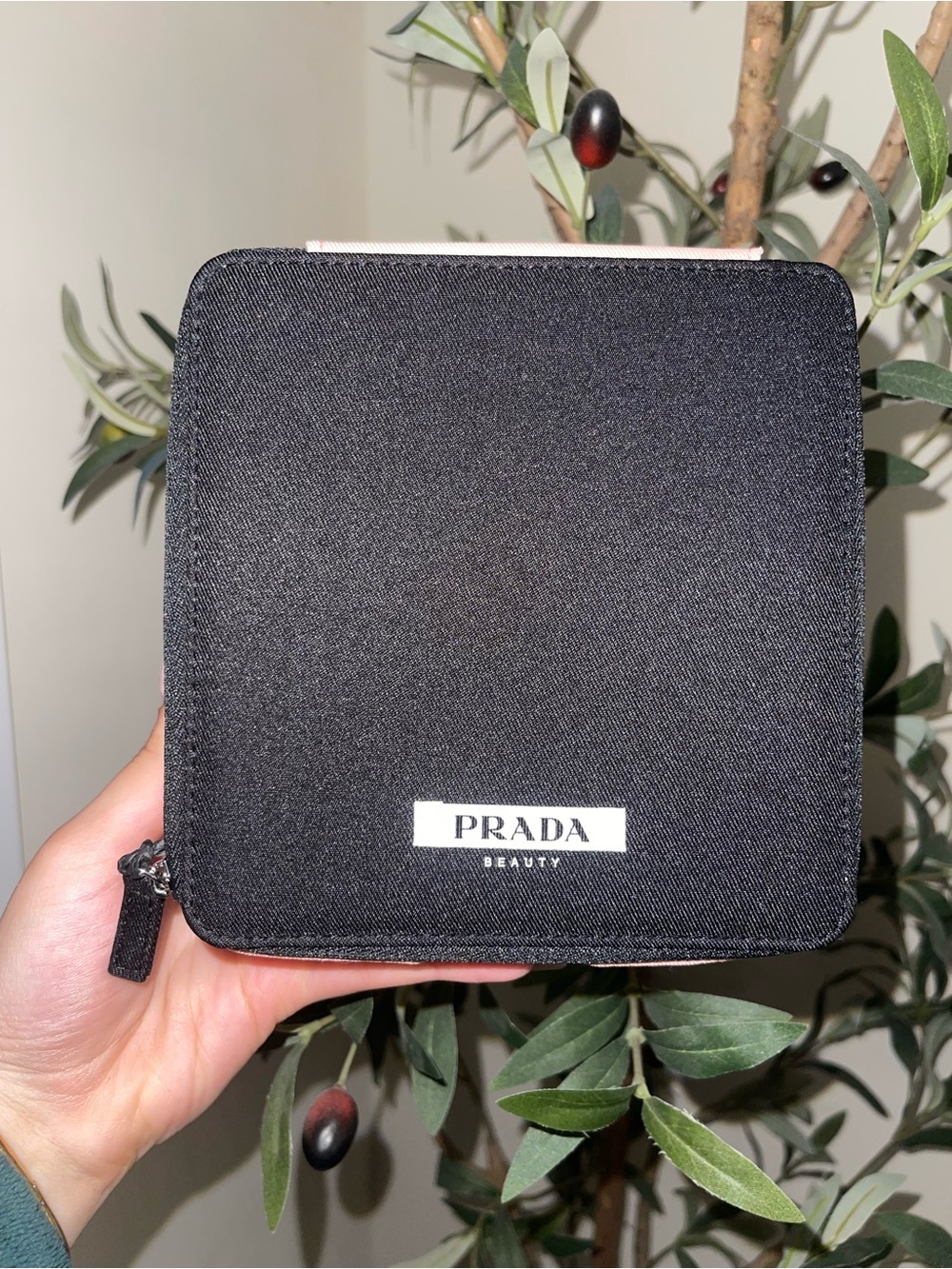 Prada Black Square Zip Makeup Pouch with White Logo